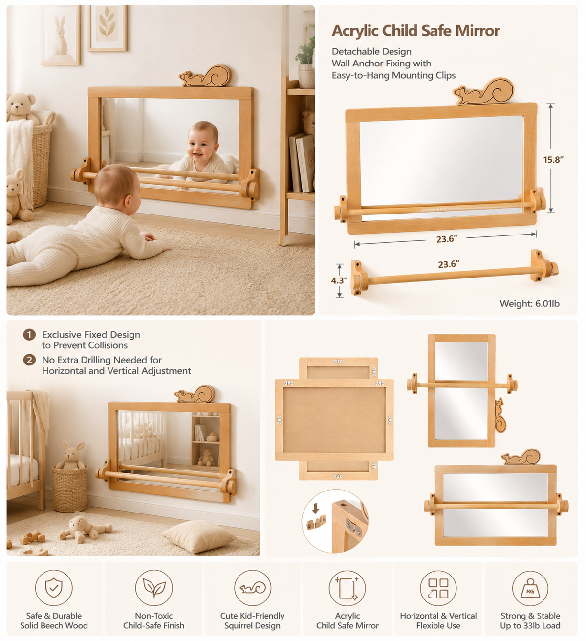 Montessori mirror with bar